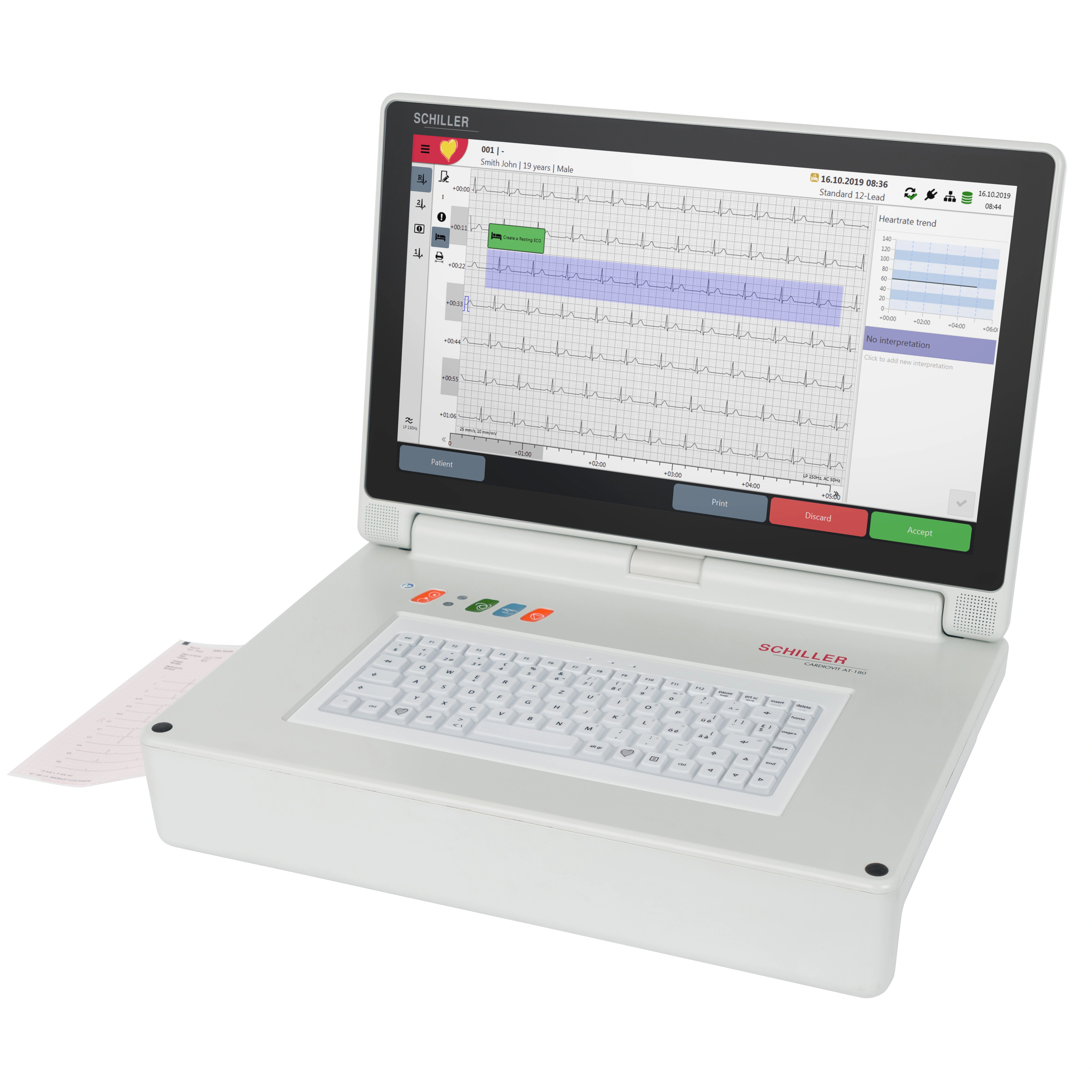 Un SCHILLER CARDIOVIT AT-180 con su pantalla completa, el teclado y el trazado de ECG en papel.